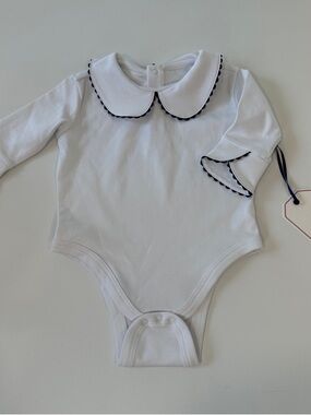Classic Prep White Bodysuit with Navy Ric Rac